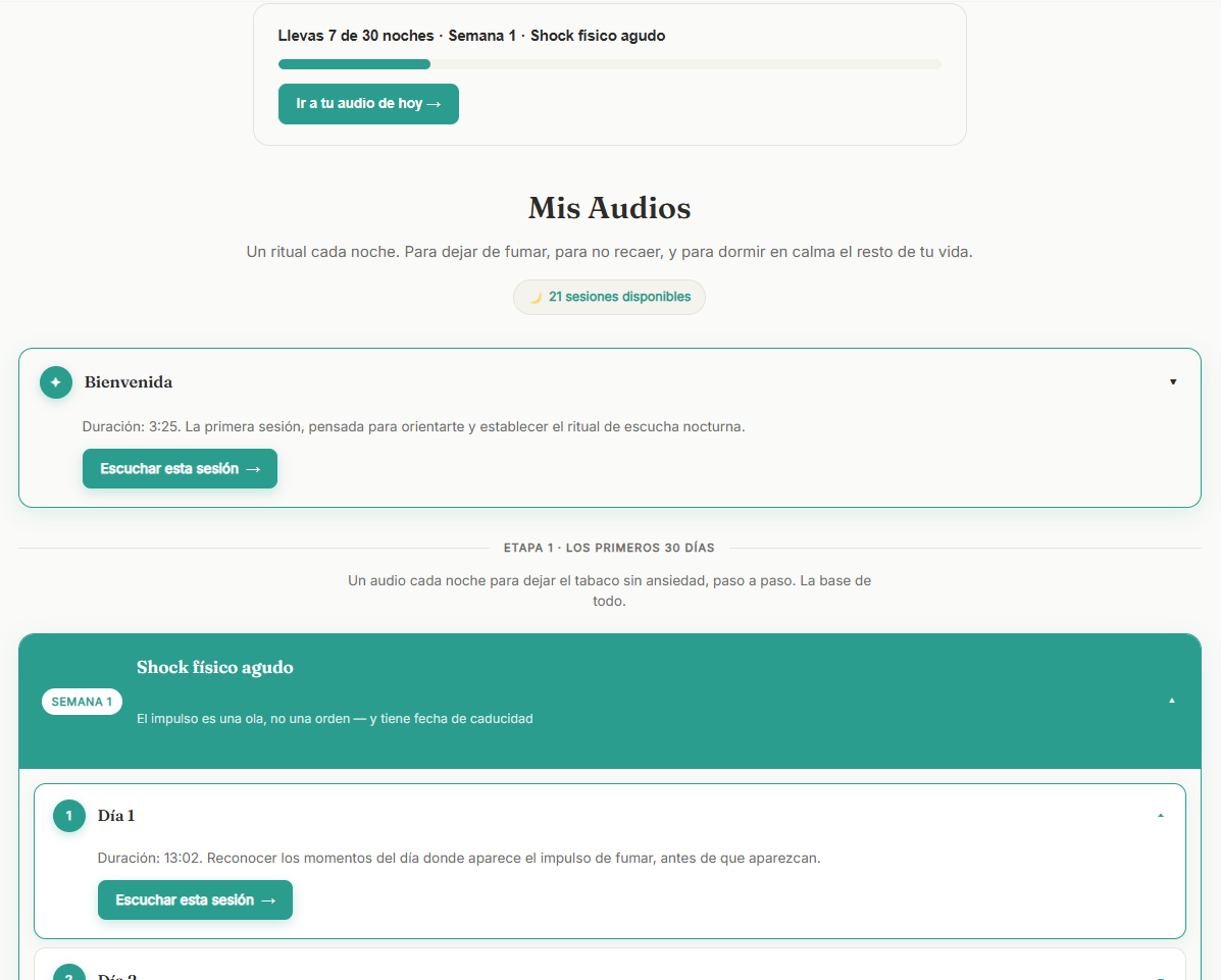 Vista de la app Adiós Humo mostrando el progreso de noches y el listado de audios organizados por semana y etapa